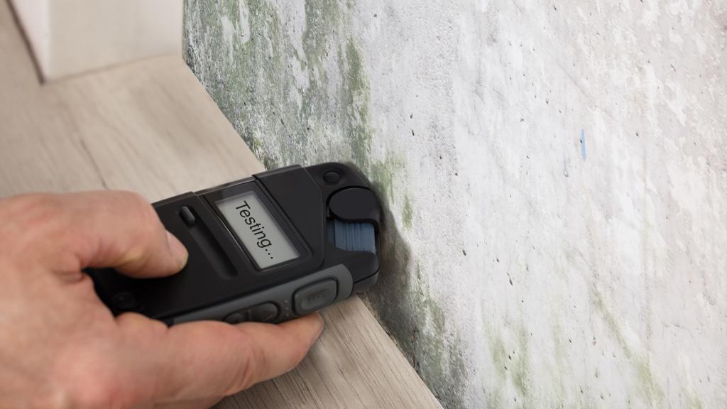 Ein Mann testet mit einem Messgerät eine feuchte Wand