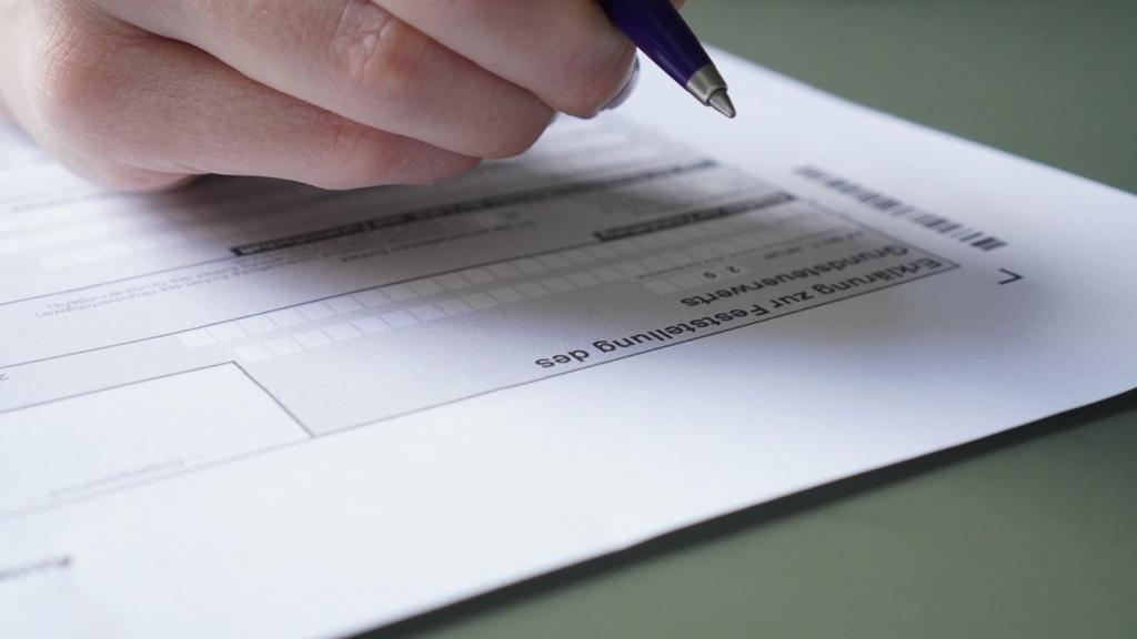 Hand mit Kugelschreiber über Grundsteuererklärungsformular