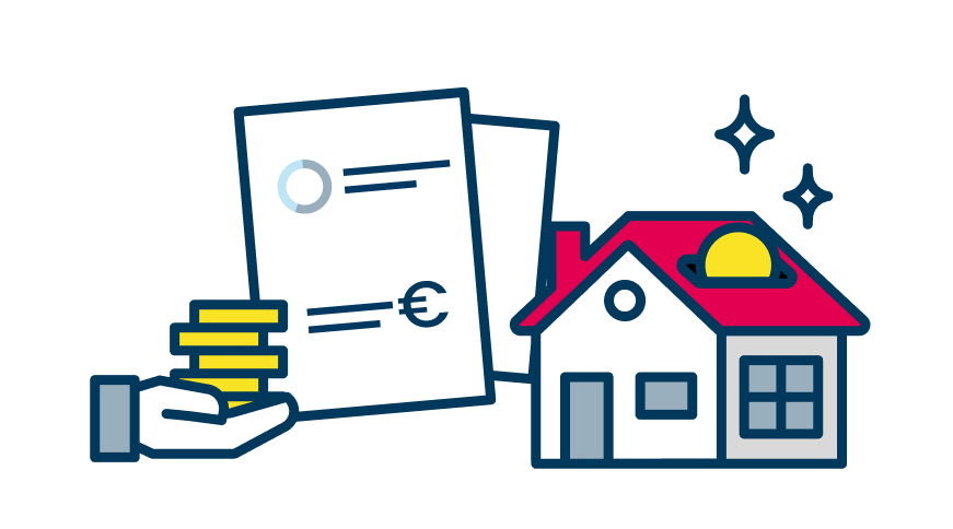 Illustration von Unterlagen und einer Hand mit Münzen sowie eines Hauses, in das die Münzen gesteckt werden