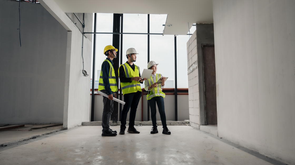 Bausachverständigen besprechen ihr Bauprojekt in einem leeren Gewerbegebäude