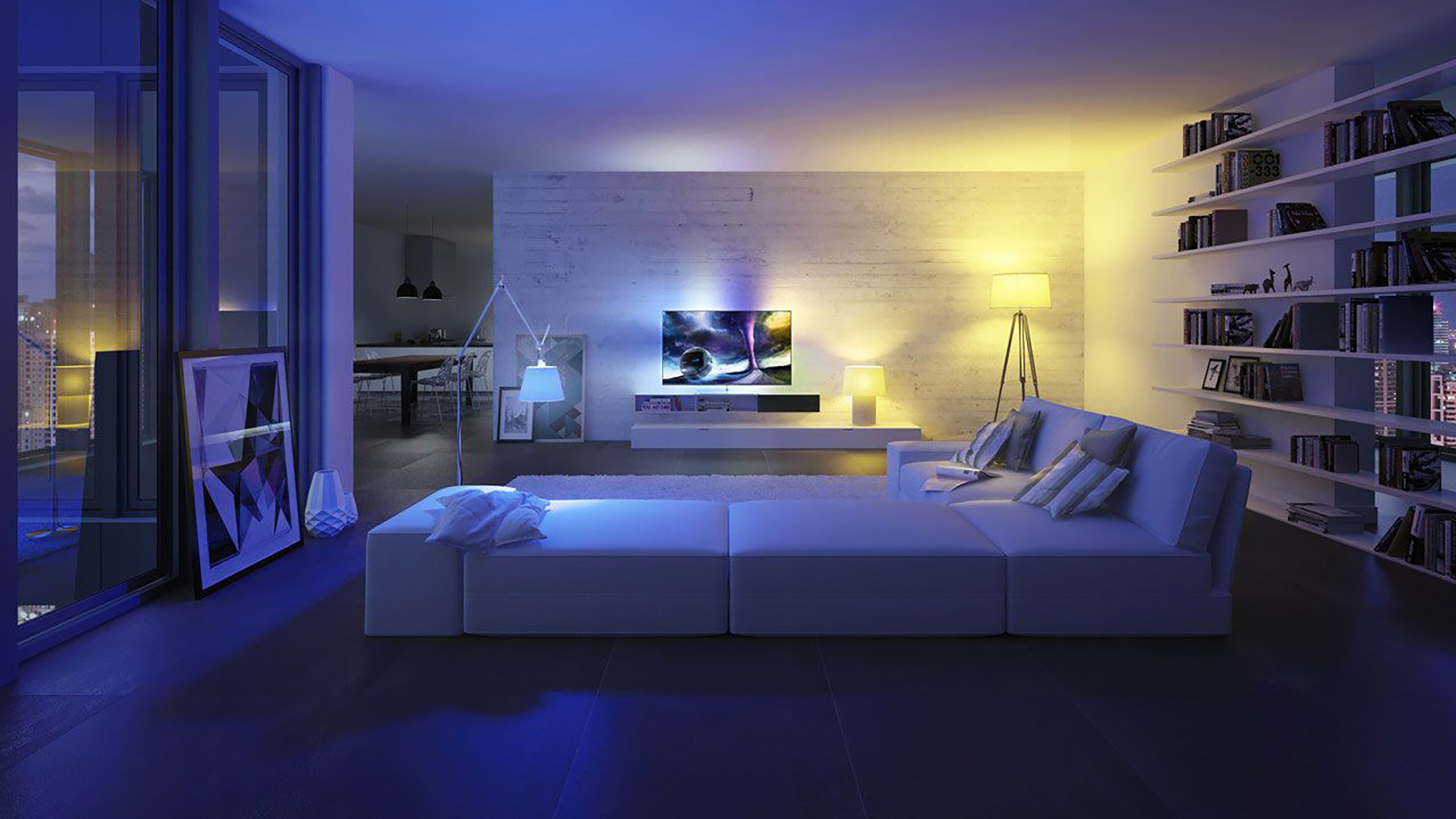 Wohnzimmer mit verschiedenen Lichtstimmungen