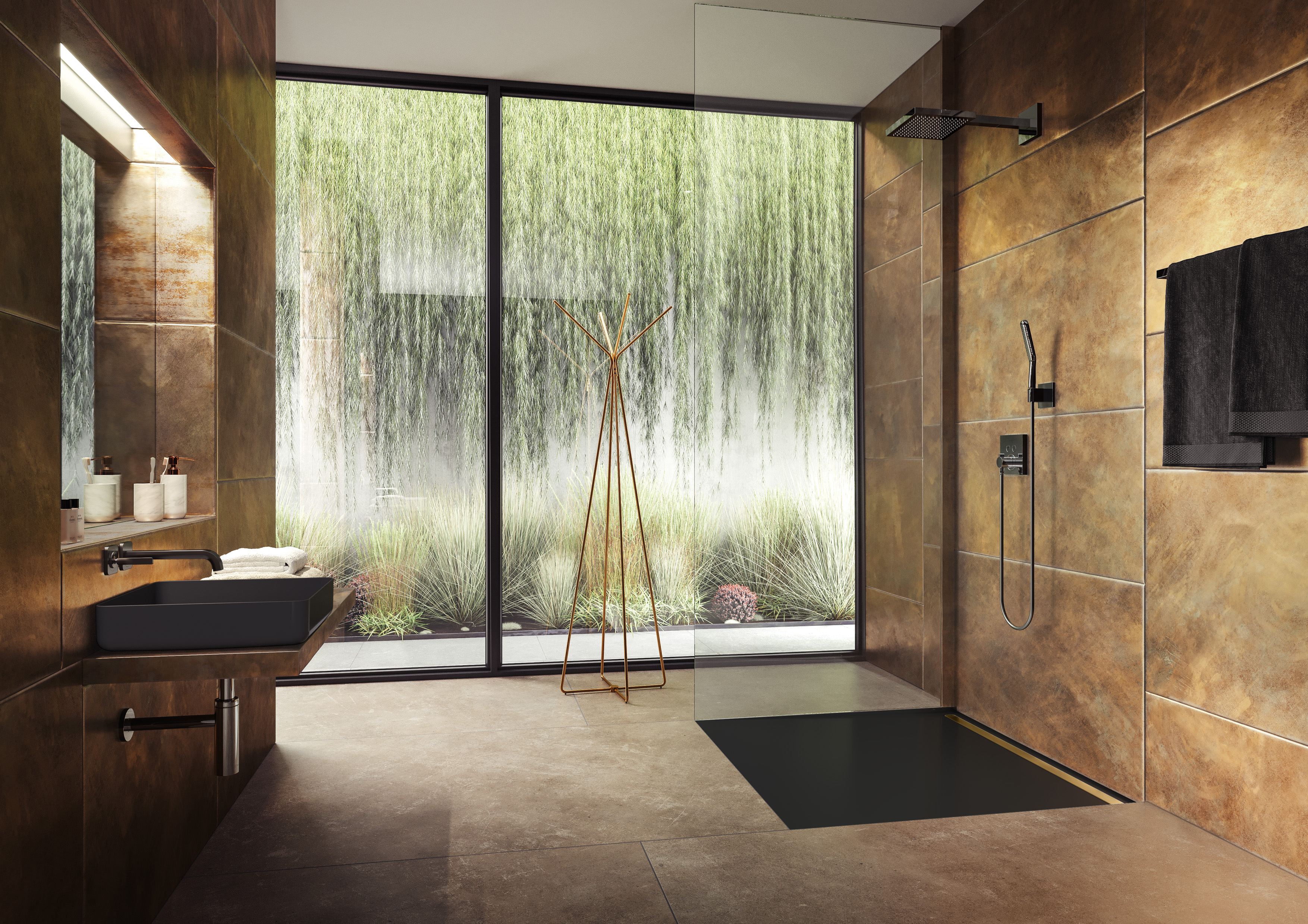 Badezimmer mit barrierefreier Dusche und großem Fenster.