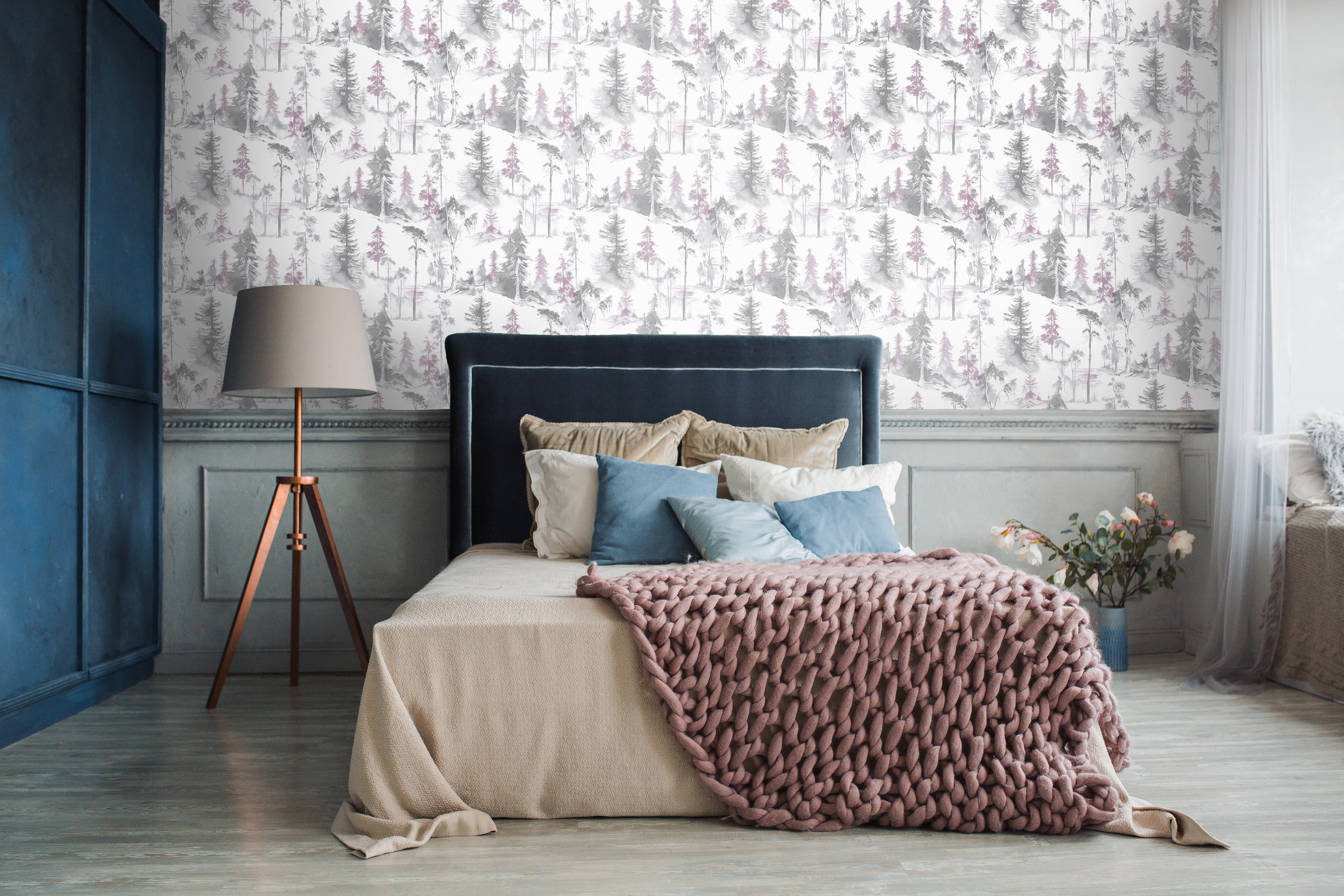 Interior of cozy bedroom in modern design with craft floor lamp