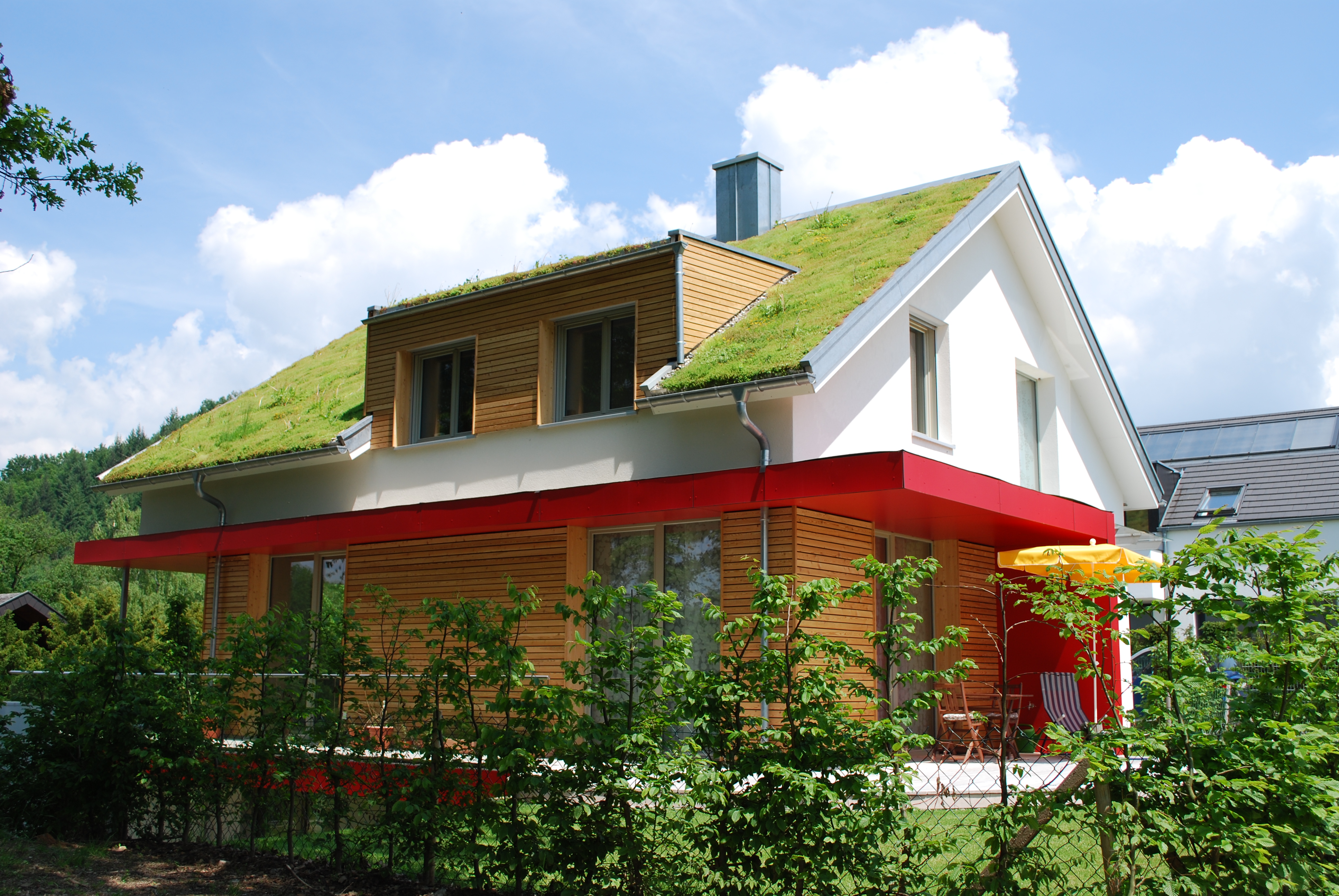 Einfamilienhaus mit begrüntem Schrägdach