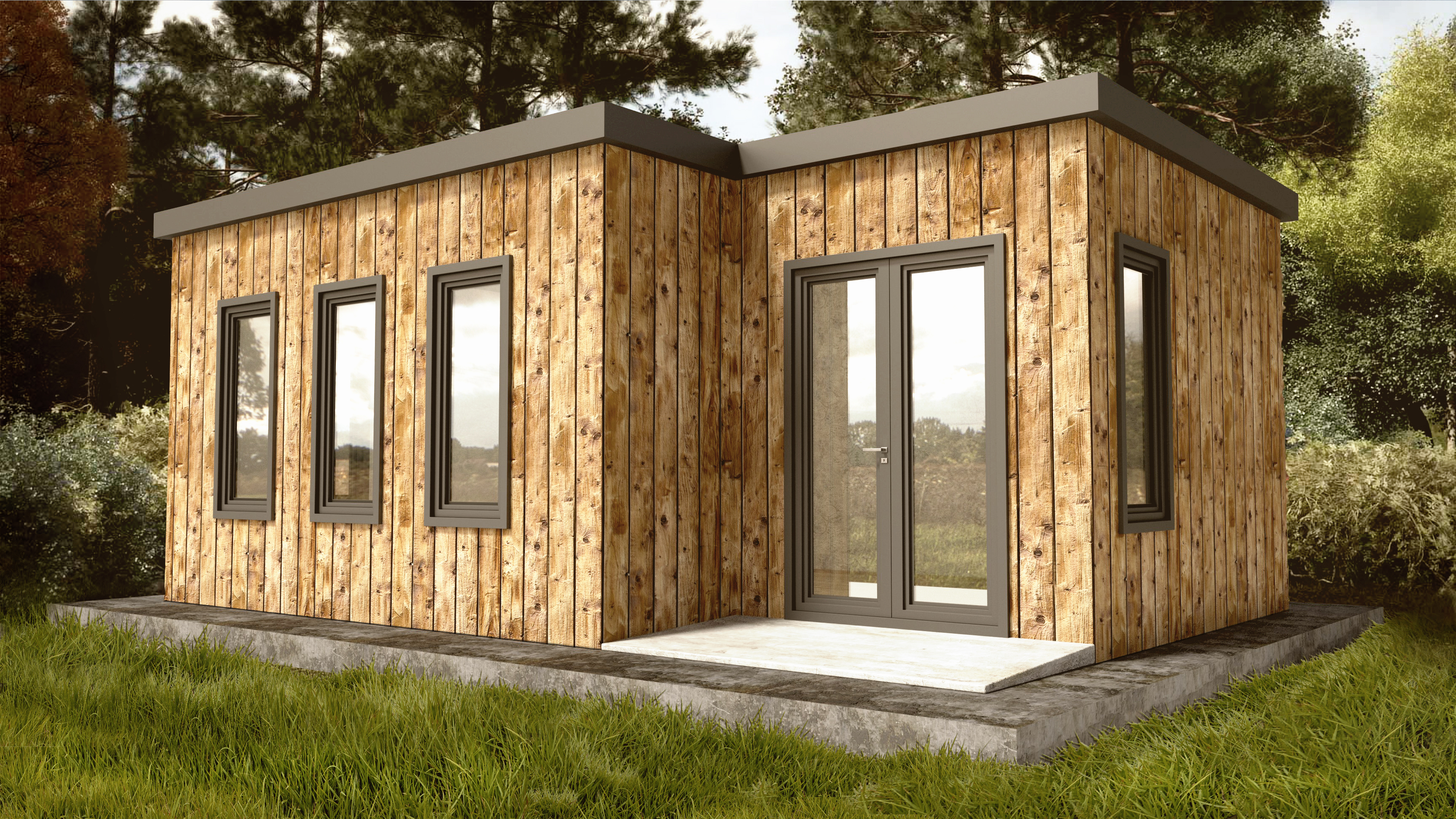 Modernes Gartenhaus aus Holz mit Flachdach