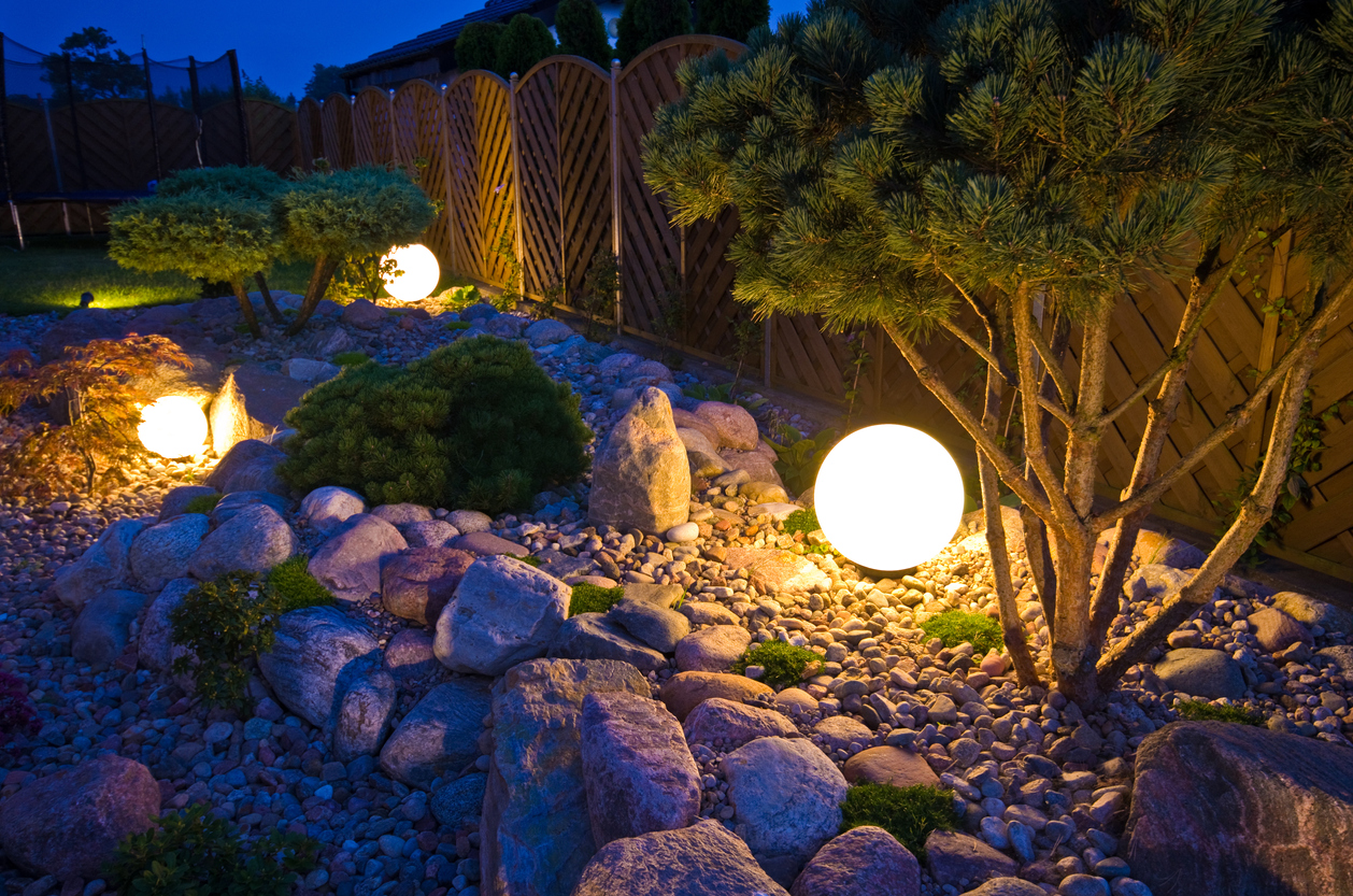 Garten beleuchtet mit Globen