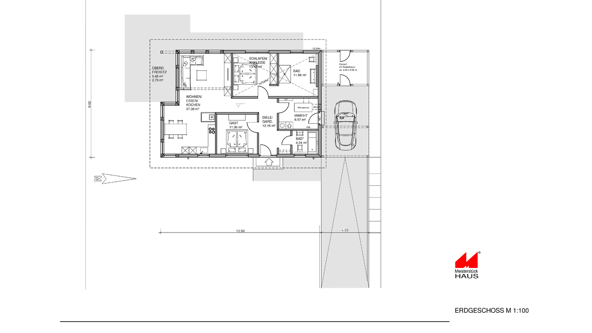 Grundriss vom Fertighausmodell Midsommer mit Pultdach von Meisterstück-HAUS.