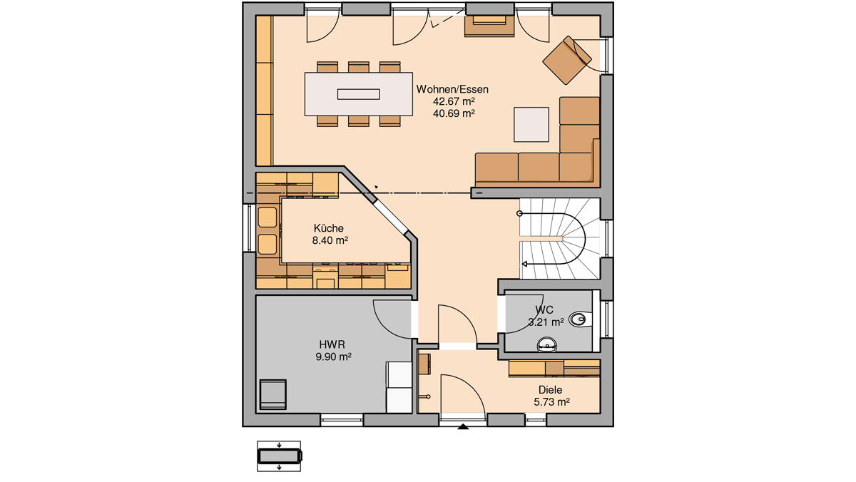 Grundriss Erdgeschoss vom Fertighausmodell Architektenhaus Komfort (individuell) von Kern Haus.