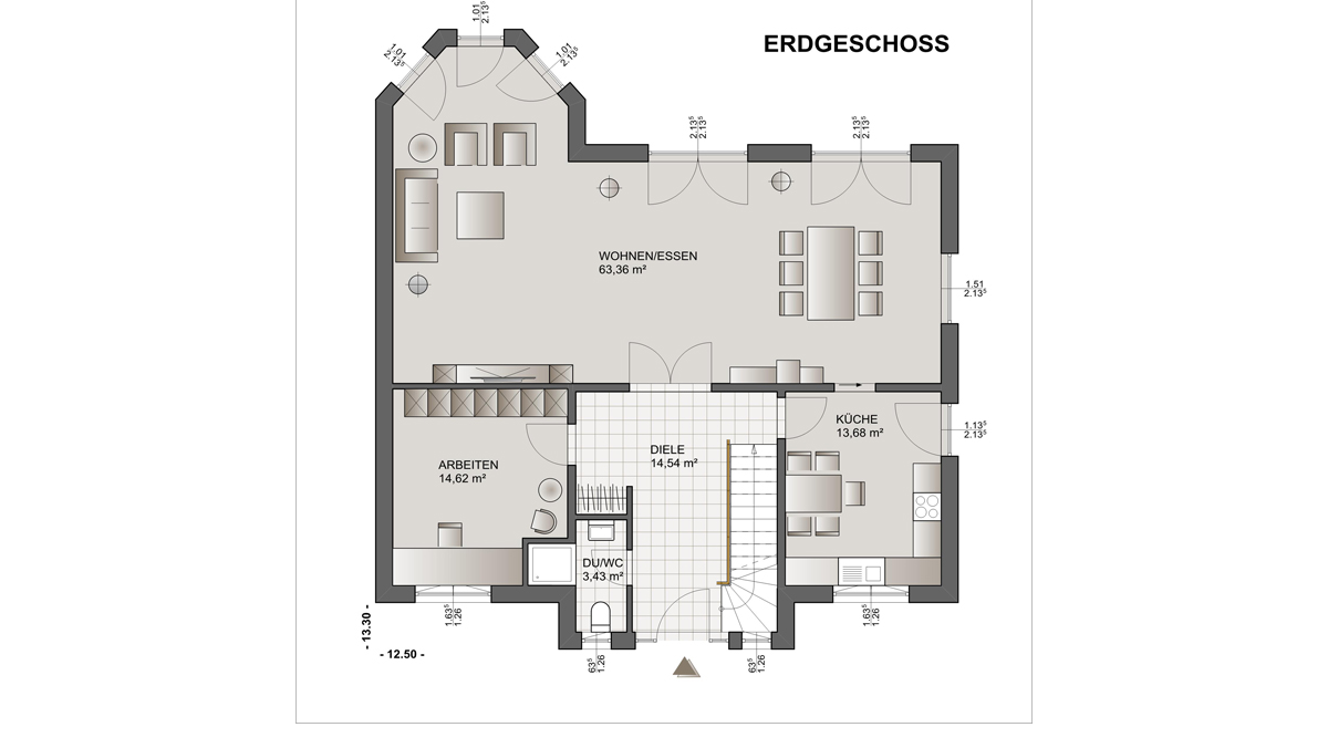 Grundriss Erdgeschoss: Fertighausmodell Select von FAVORIT Massivhaus.