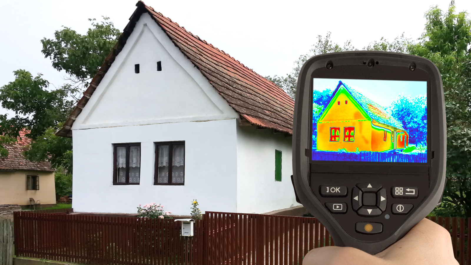Thermografische Aufnahme eines Einfamilienhauses.