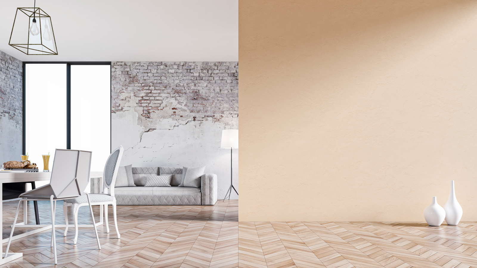 Wandfarben-Trends 2023: Modernes Wohnzimmer mit in Apricot gestrichener Wand im Vordergrund.