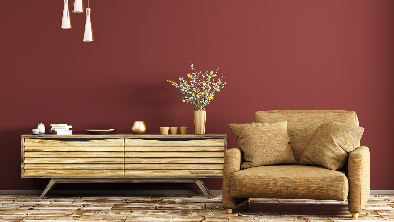 Wandfarben-Trends 2023: Wohnzimmer mit rotbraun gestrichener Wand.