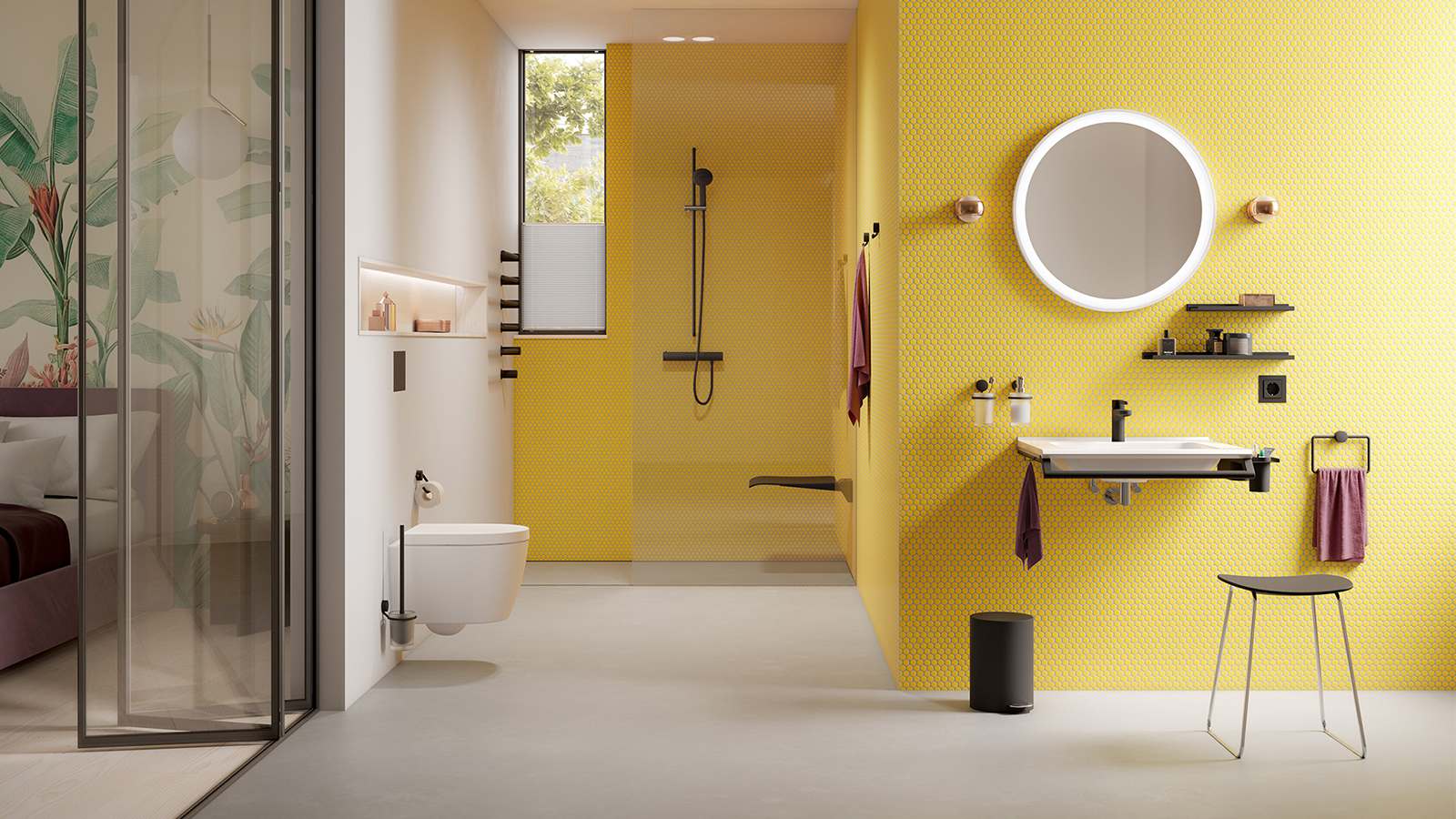 Badezimmer mit gelber Wand
