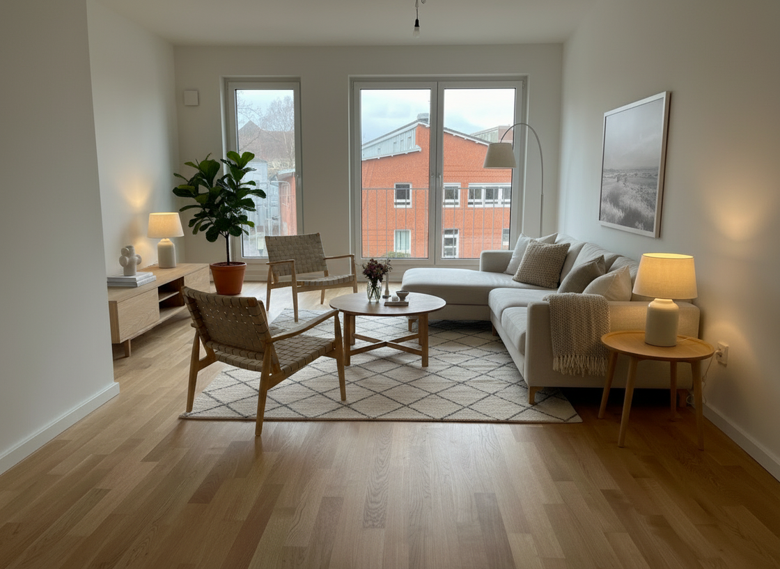 Wohnzimmer, Möblierung mit KI