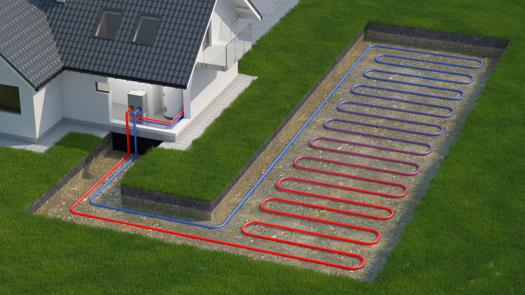 Schematische Darstellung einer Erdwärmeheizung.