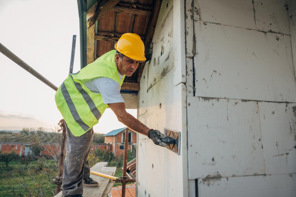 Ein Bauarbeiter saniert und dämmt die Fassade eines Hauses.