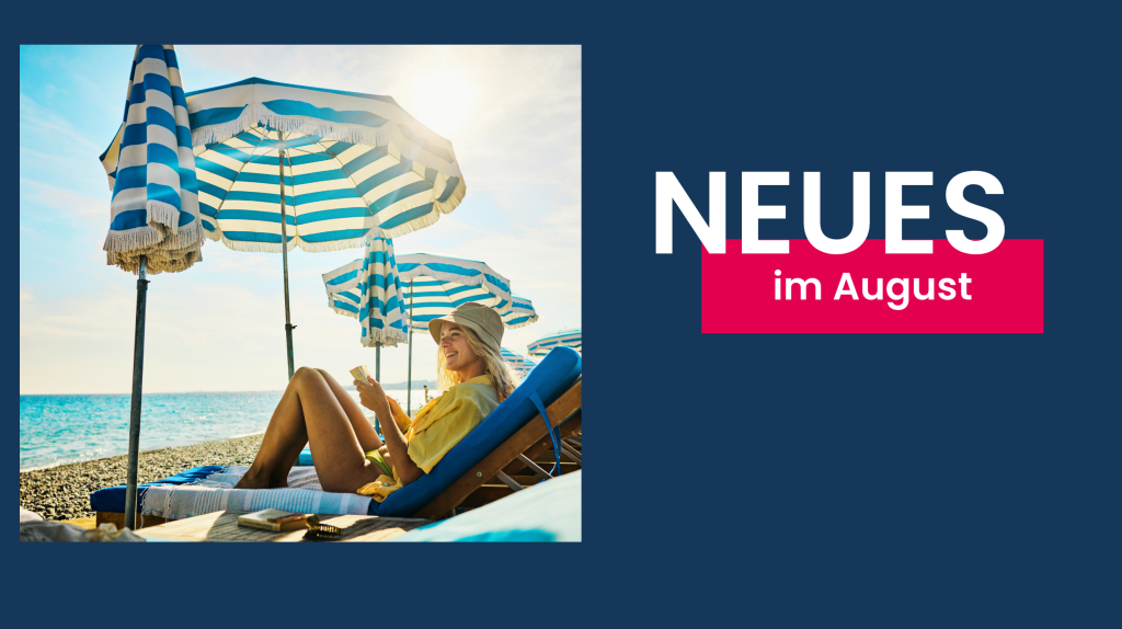 Frau am Stand unter gestreiftem Sonnenschirm