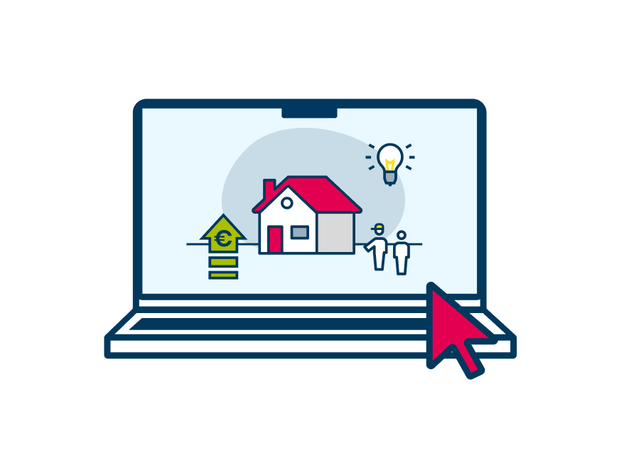 Illustration eines Laptops, auf dessen Bildschirm ein Haus zu sehen ist