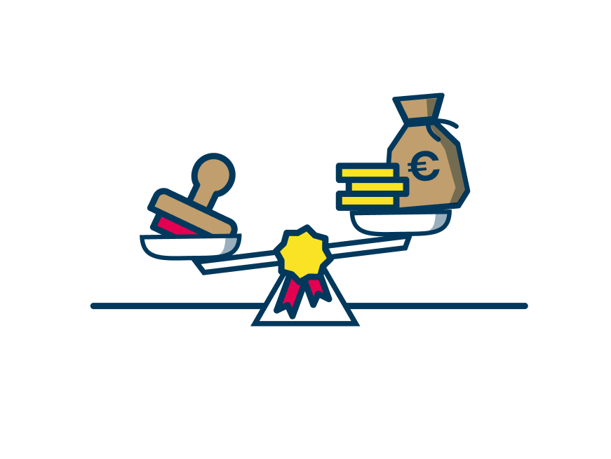 Illustration einer Waage, auf deren eine Seite ein Stempel und auf der anderen Seite Geld liegt.