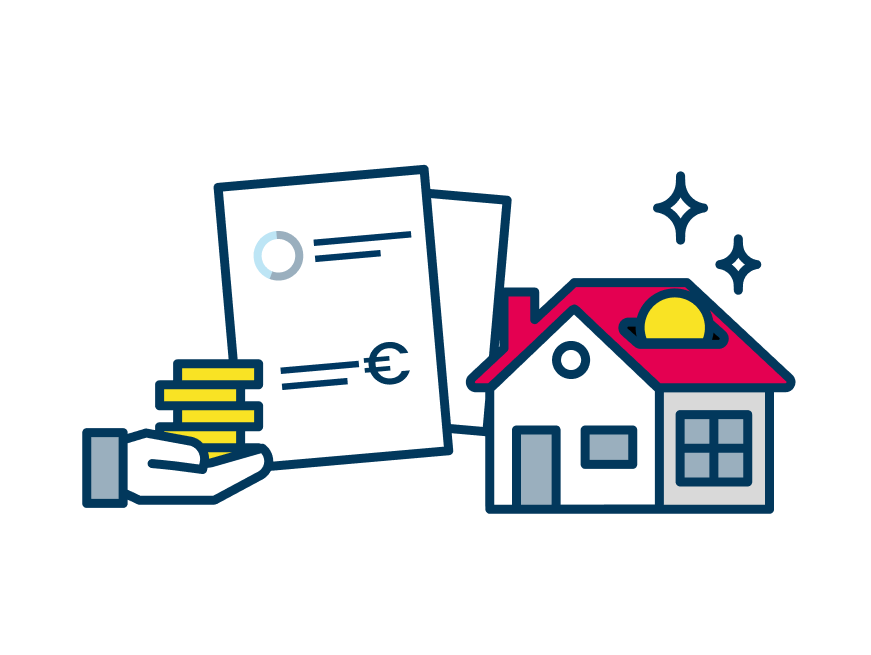 Illustration von Unterlagen und einer Hand mit Münzen sowie eines Hauses, in das die Münzen gesteckt werden