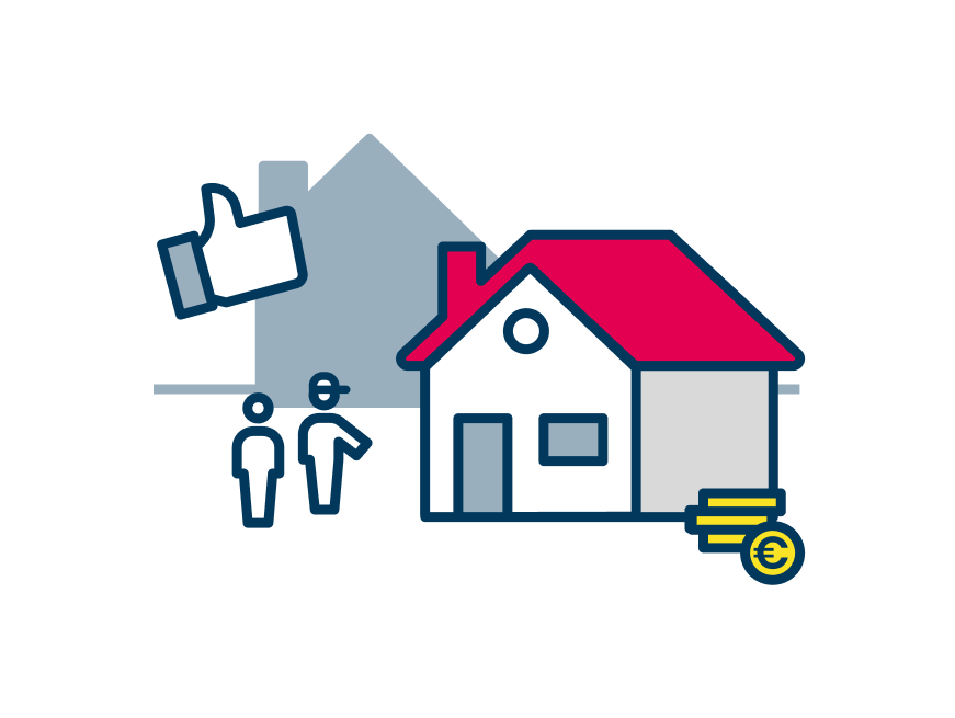 Illustration eines Hauses und von Personen, die die Immobilie begutachten