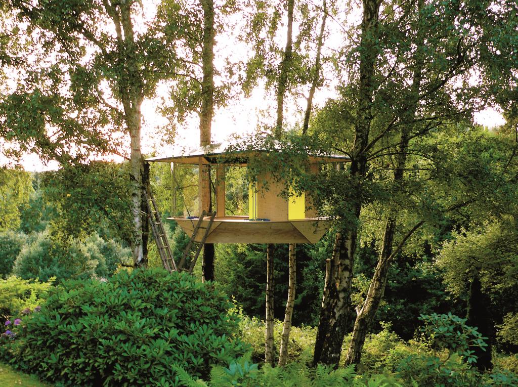 Baumhaus in Pavillonform in den Wipfeln mehrerer Bäume.