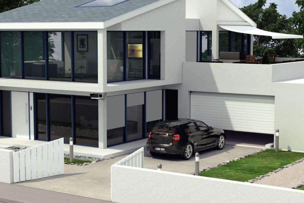Modernes Haus mit großen Fenstern, Gartentor, Garage und einfahrendem Auto.