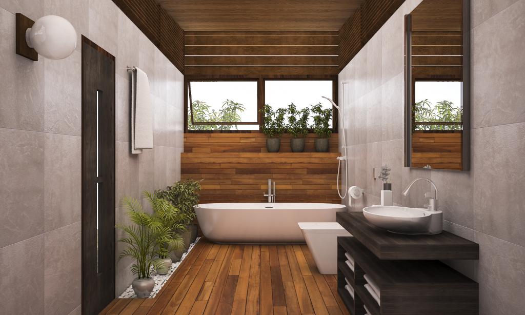 Modernes Badezimmer mit Holzdecke