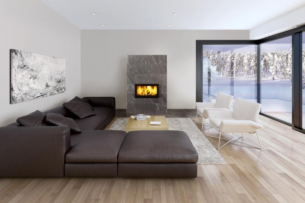 Heizen mit Holz: Kamin mit Specksteinverkleidung in einem modernen Wohnzimmer