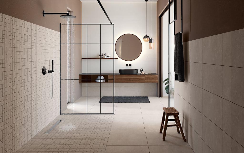 Fliesen im Trend: Modernes Bad mit aufeinander abgestimmten Wand- und Bodenfliesen.