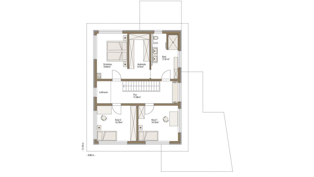 Grundriss Obergeschoss: Fertighausmodell Musterhaus Balance Poing von Fertighaus WEISS.