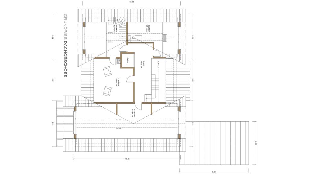Grundriss Dachgeschoss: Fertighausmodell Goldberg von Gruber Holzhaus.