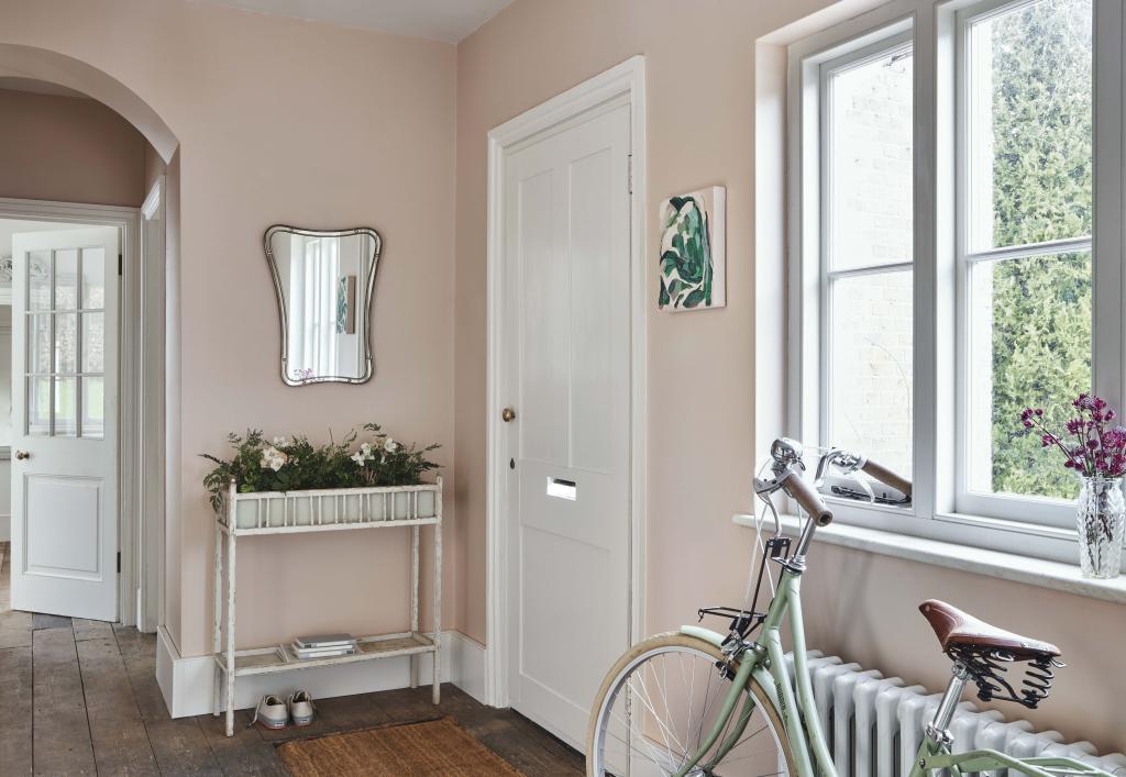 Eingangsbereich oder Flur mit rosa Wänden und Fahrrad