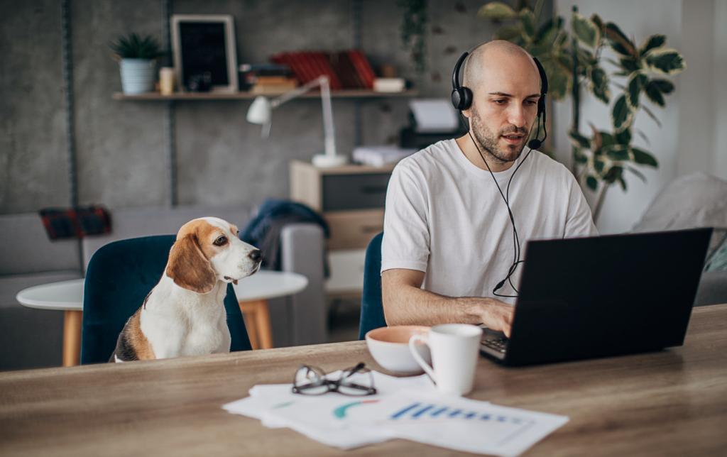 Mann im Homeoffice mit Hund