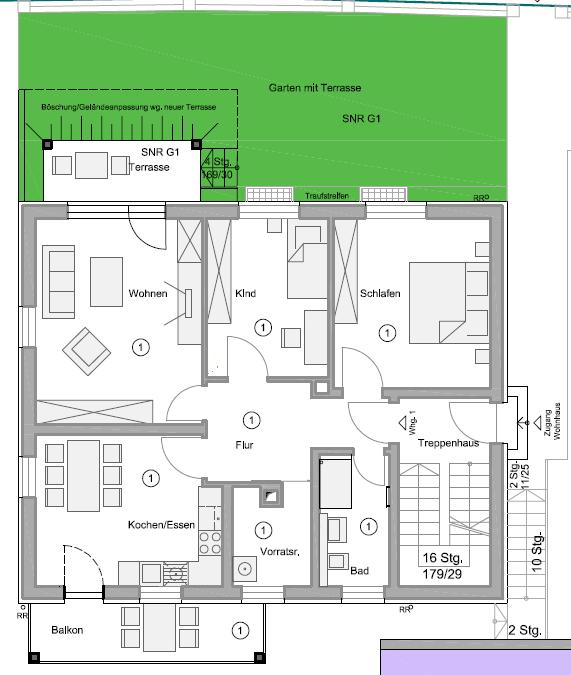 Grundrissplan mit Terrasse, Balkon und Gartenanteil