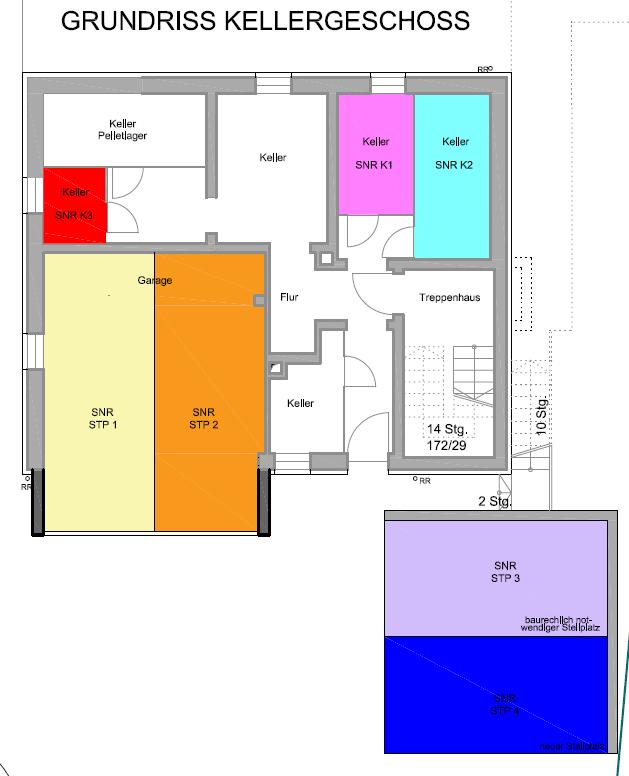 Grundrissplan Kellergeschoss und Garage, Carport