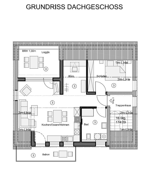 Grundrissplan Wohnung DG mit Loggia und Balkon