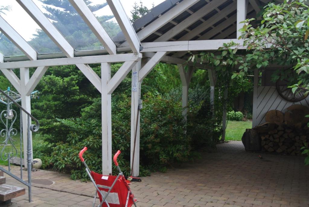 Ansicht überdachter Hauseingangsbereich mit Carport und Nebengebäude