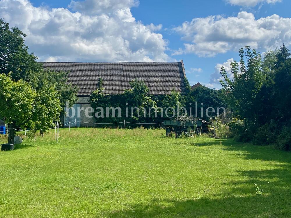 Blick vom Garten zur Scheune
