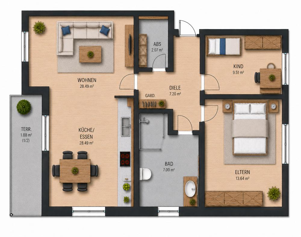 3-Zimmer-Neubauwohnung mit Terrasse, Stellplatz und kleinem Garten - Photo 4