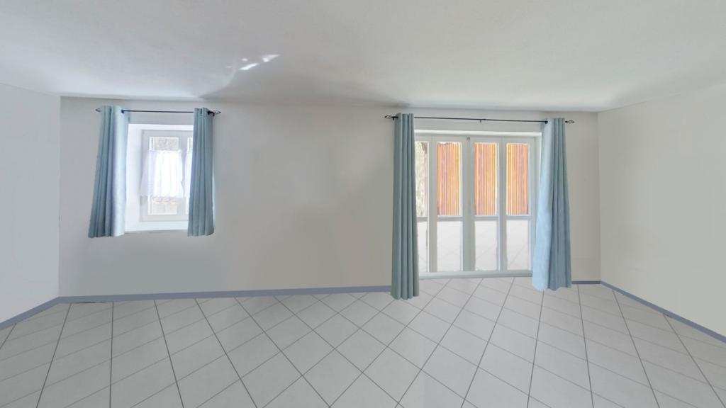 Wohnung Nr. 1 - Wohnzimmer mit Zugang zur Terrasse und dem Garten (visuell bearbeitet)