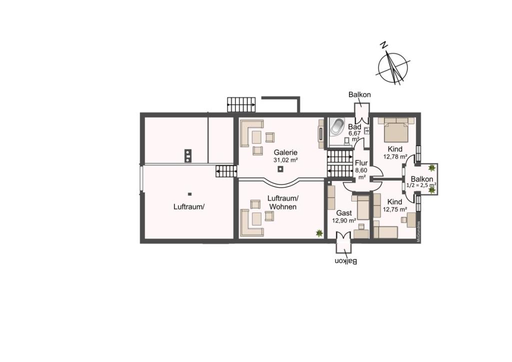 Grundriss Dachgeschoss (nicht maßstabsgetreu und mit Möblierungsvorschlag)