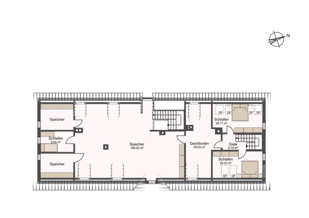 Grundriss Dachgeschoss (nicht maßstabsgetreu und mit Möblierungsvorschlag)