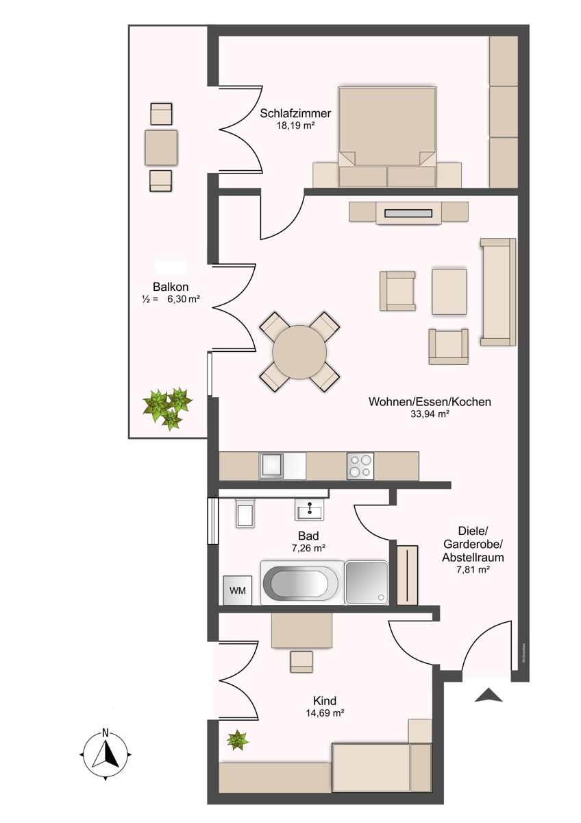 2. Obergeschoss (nicht maßstabsgetreu und mit Möblierungsvorschlag)
