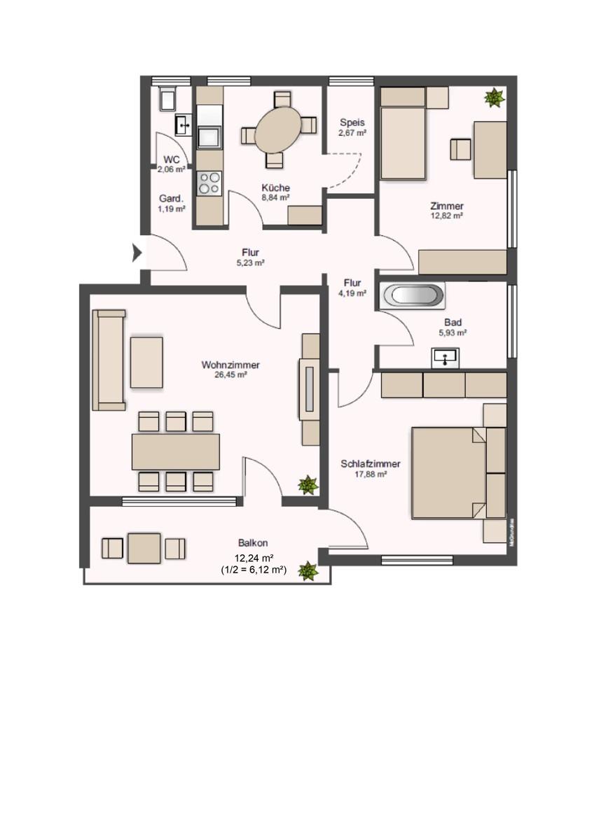 Grundriss (nicht maßstabsgetreu und mit Möblierungsvorschlag)