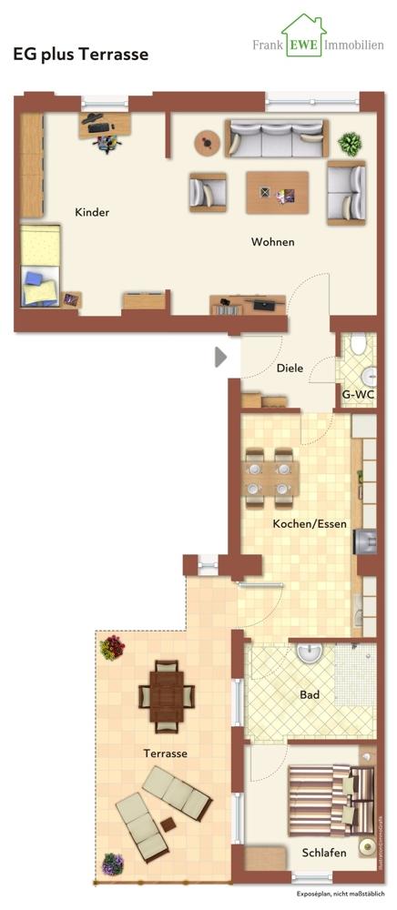 Grundriss EG immoG 3-Zimmer-Wohnung mit Terrasse zum Kauf  in Düsseldorf Eller, Frank Ewe Immobilienmakler Düsseldorf Hassels