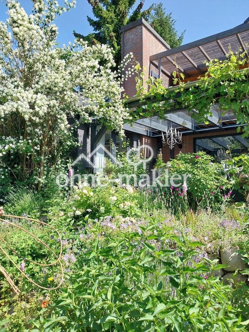 Blick vom Garten zur Terrasse