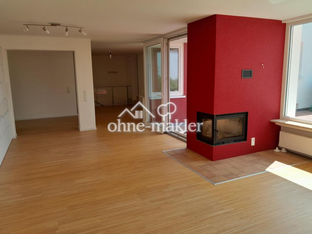 Blick auf Kamin und Essecke