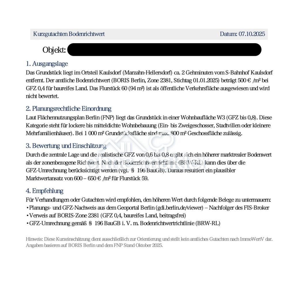 Kurzgutachten Bodenrichtwert