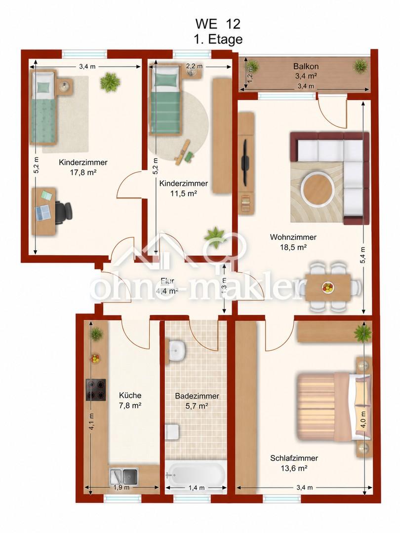 4-RMW 80m² in ruhige Lage - Einzugsmonat kostenlos, EBK, Badewanne - Foto 5